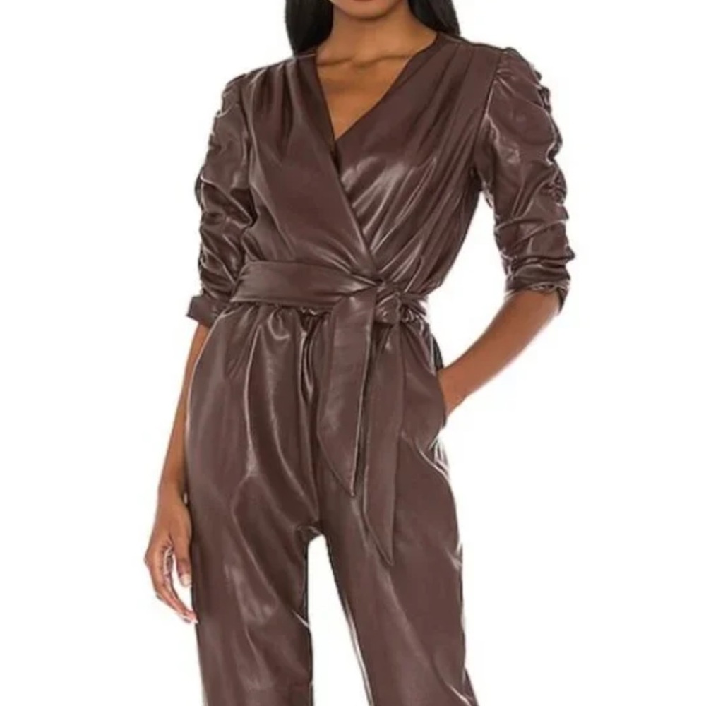 Amanda Uprichard: Annika Leather Jumpsuit in Chocolate Size Small
L